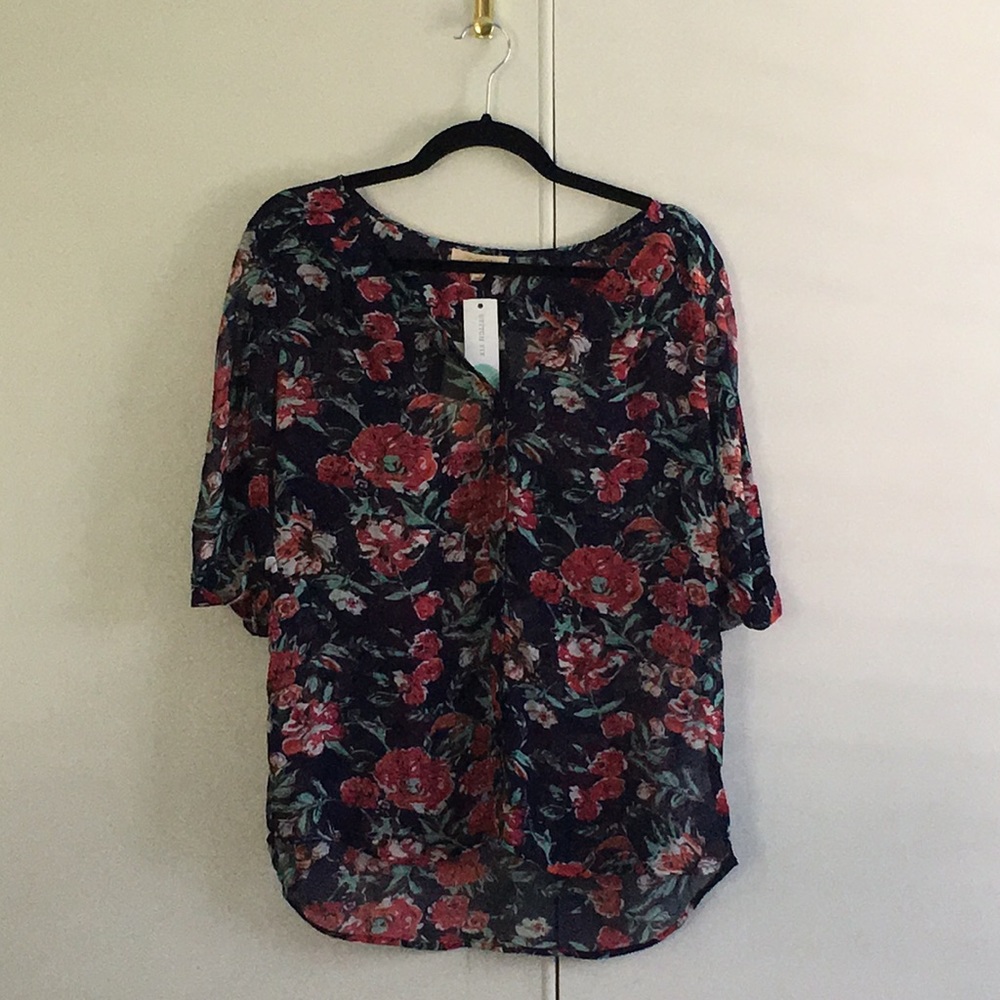 Navy floral sheer blouse